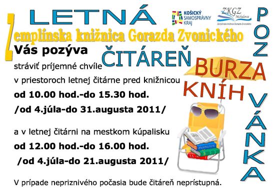 Pozvánka do Zemplínskej knižnice Gorazda Zvonického v Trebišove na prázdninové aktivity, od 4. 7. do 31. 8. 2011