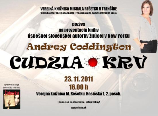 Pozvánka do Verejnej knižnice Michala Rešetku v Trenčíne na stretnutie so spisovateľkou Andreou Coddington, 23. 11. 2011 o 16.00 hod.