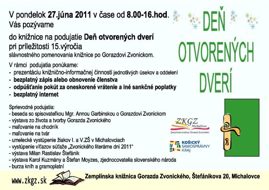 Pozvánka do Zemplínskej knižnice Gorazda Zvonického v Michalovciach na Deň otvorených dverí, 27. 6. 2011 od 8.00 do 16.00 hod.