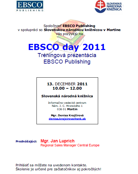 Pozvánka do Slovenskej národnej knžnice na tréningovú prezentáciu EBSCO Publishing, 13. 12. 2011.