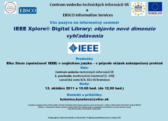 Pozvánka do Centra vedecko-technických informácií SR na informačný seminár, 13. 10. 2011 o 10.00 hod.