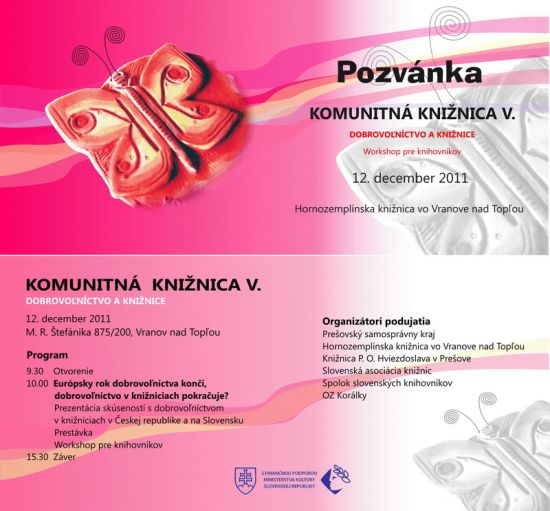 Pozvánka do Hornozemplínskej knižnice vo Vranove nad Topľou na worshop pre knihovníkov, 12. 12. 2011 o 9.30 hod. 