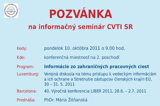 Pozvánka do Centra vedecko-technických informácií SR na informačný seminár, 10. 10. 2011 o 9.00 hod.