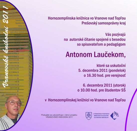 Pozvánka na besedu s Antonom Laučekom, 5. 12. 2011 o 16.30 hod.