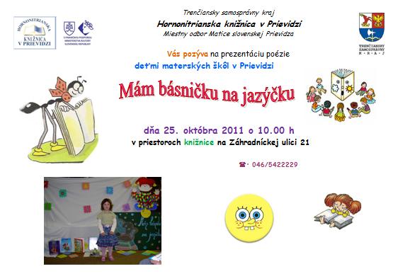 Pozvánka do Hornonitrianskej knižnice v Prievidzi na prezentáciu poézie deťmi materských škôl, 25. 10. 2011 o 10.00 hod.