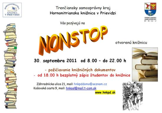 Pozvánka do Hornonitrianskej knižnice v Prievidzi na NONSTOP otvorenú knižnicu, 30. 9. 2011 od 8.00 do 22.00 hod.