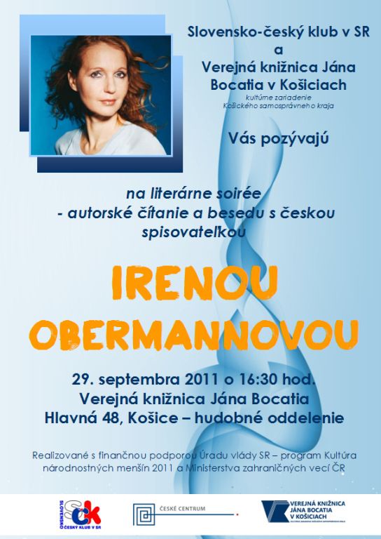 Pozvánka do Verejnej knižnice Jána Bocatia v Košiciach na stretnutie s českou spisovateľkou Irenou Obermannovou, 29. 9. 2011 o 16.30 hod.