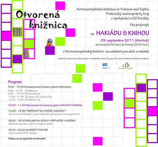 Pozvánka do Hornozemplínskej knižnice vo Vranove nad Topľou na podujatie Hakiáda s knihou, 29. 9. 2011 od 8.00 do 20.00 hod.