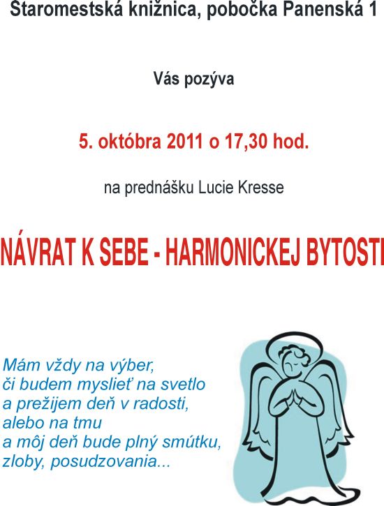 Pozvánka do Staromestskej knižnice, pobočka Panenská 1 na prednášku Lucie Kresse, 5. 10. 2011 o 17.30 hod.