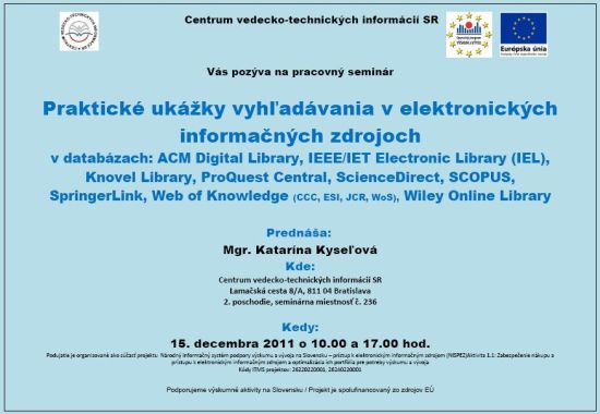 Pozvánka do Centra VTI SR na pracovný seminár, 15. 12. 2011 o 10.00 hod. a 17.00 hod.