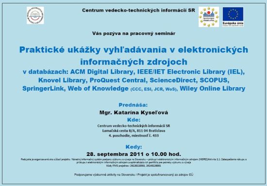Pozvánka do Centra vedecko-technických informácií SR na praktické ukážky vyhľadávania v EIZ, 28. 9. 2011 o 10.00 hod.