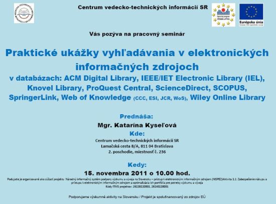 Pozvánka do Centra VTI SR na pracovný seminár, 15. 11. 2011 o 10.00 hod.