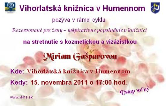 Pozvánka do Vihorlatskej knižnice v Humennom na inšpiratívne popoludnie, 15. 11. 2011 o 17.00 hod. 