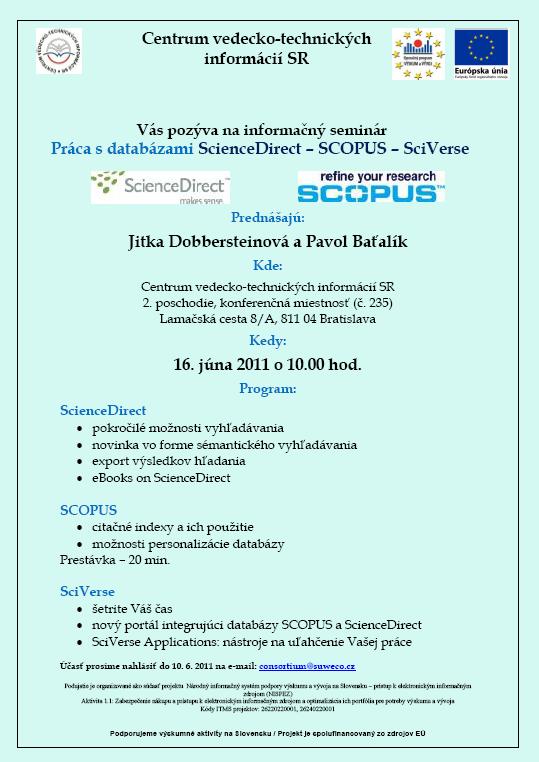 Pozvánka do Centra vedecko-technických informácií SR na informačný seminár, 16. 6. 2011 o 10.00 hod.