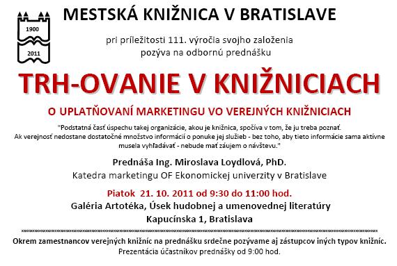 Pozvánka do Mestskej knižnice v Bratislave na odbornú prednášku, 21. 10. 2011 od 9:30 do 11:00 hod.