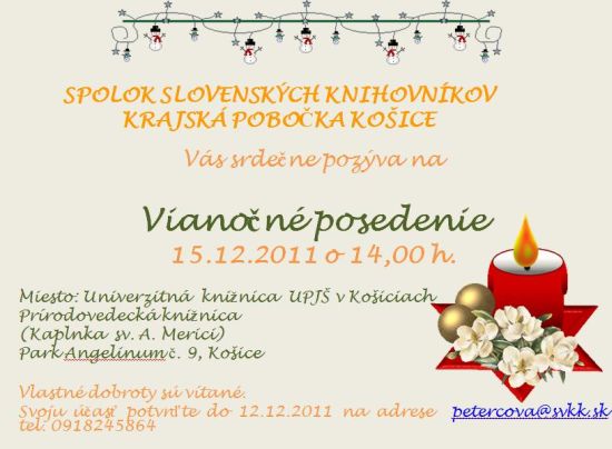 Pozvánka pre členov SSK Krajskej pobočky Košice na Vianočné posedenie, 15. 12. 2011 o 14.00 hod.