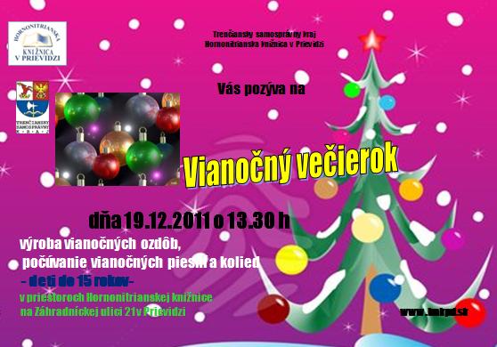 Pozvánka do Hornonitrianskej knižnice v Prievidzi pre deti do 15 rokov na Vianočný večierok, 19. 12. 2011 o 13.30 hod.