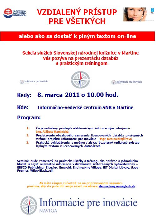 Pozvánka do Slovenskej národnej knižnice na seminár, 8. 3. 2011 o 10.00 hod.