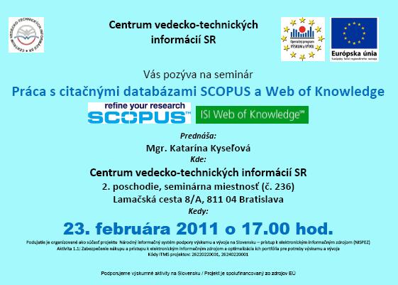 Pozvánka do Centra vedecko-technických informácií SR na seminár Práca s citačnými databázami, 23. 2. 2011 o 17.00 hod.