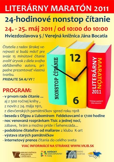 Pozvánka do Verejnej knižnice jána Bocatia v Košiciach na 24-hodinové nonstop čítanie, 24. – 25. 5. 2011 od 10.00 hod.