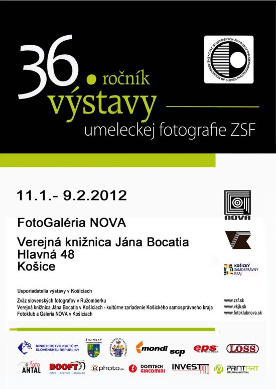 Pozvánka do Verejnej knižnice Jána Bocatia v Košiciach na 36. ročník výstavy umeleckej fotografie ZSF, 11. 1. – 9. 2. 2012.  