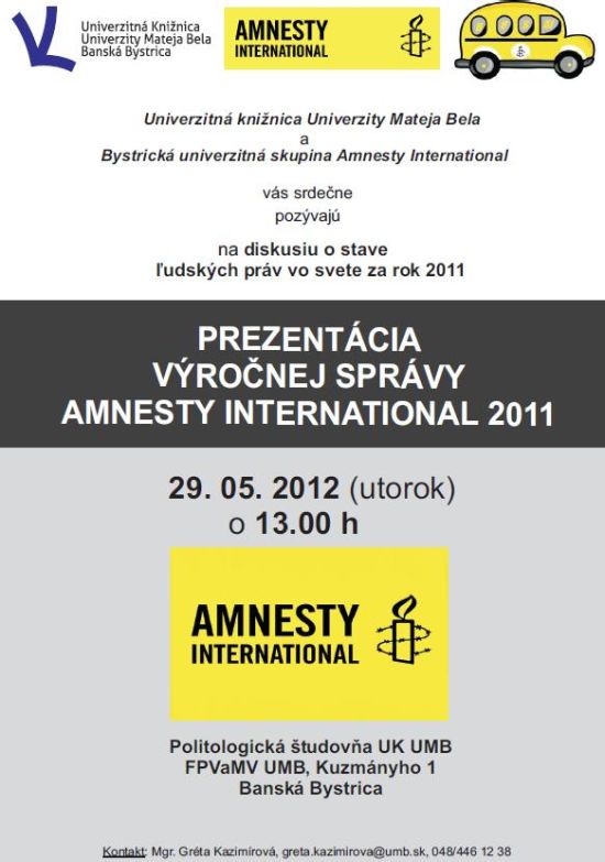 Pozvánka do Univerzitnej knižnice UMB v Banskej Bystrici na diskusiu o stave ľudských práv za rok 2011, 29. 5. 2012 o 13.00 hod.