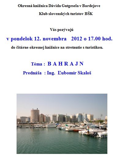 Pozvánka do Okresnej knižnice Dávida Gutgesela v Bardejove na prednášku, 12. 11. 2012 o 17.00 hod.