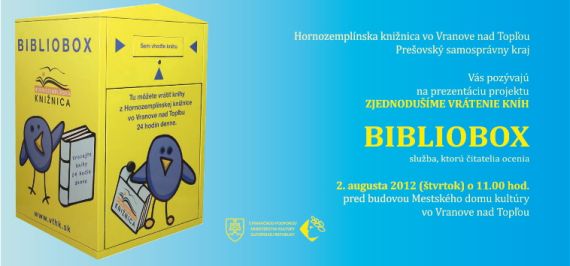 Pozvánka do Hornozemplínskej knižnice vo Vranove nad Topľou na prezentáciu projektu Bibliobox, 2. 8. 2012 o 11.00 hod. 