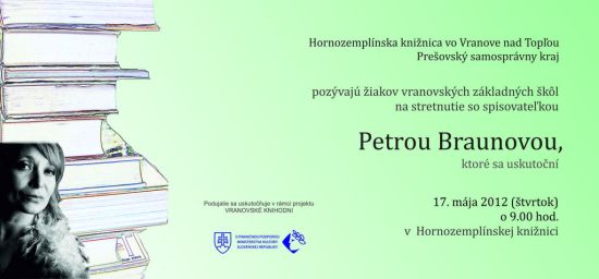 Pozvánka do Hornozemplínskej knižnice vo Vranove nad Topľou na besedu so spisovateľkou, 17. 5. 2012 o 9.00 hod.