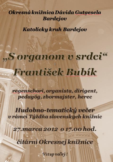 Pozvánka do Okresnej knižnice Dávida Gutgesela v Bardejove na hudobno-tematický večer, 27. 3. 2012 o 17.00 hod.
