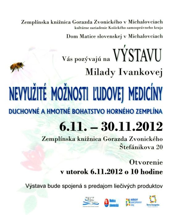 Pozvánka do Zemplínskej knižnice Gorazda Zvonického v Michalovciach na výstavu, 6. – 30. 11. 2012 