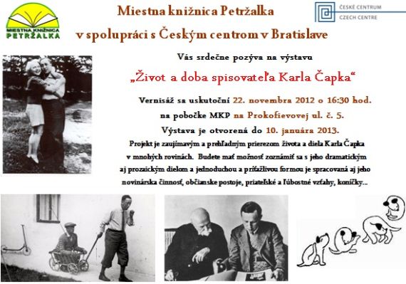 Pozvánka do Miestnej knižnice Petržalka na vernisáž výstavy, 22. 11. 2012 o 16.30 hod. Výstava potrvá do 10. 1. 2013.