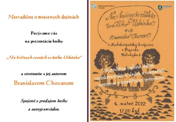 Pozvánka do Malokarpatskej knižnice v Pezinku na prezentáciu knihy, 6. 3. 2012 o 17.00 hod. 