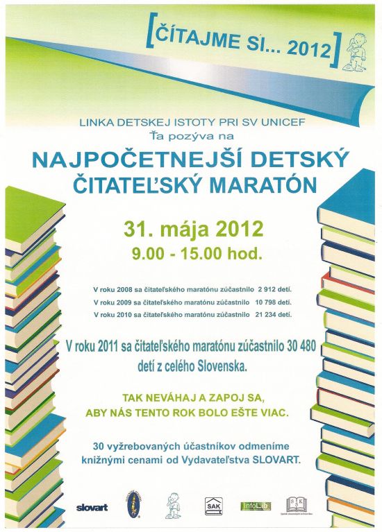 Zemplínska knižnica Gorazda Zvonického pozýva deti na čitateľský maratón, 31. 5. 2012.
