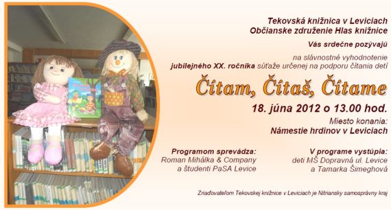 Pozvánka do Tekovskej knižnice v Leviciach na slávnostné vyhodnotenie súťaže, 18. 6. 2012 o 13.00 hod. 