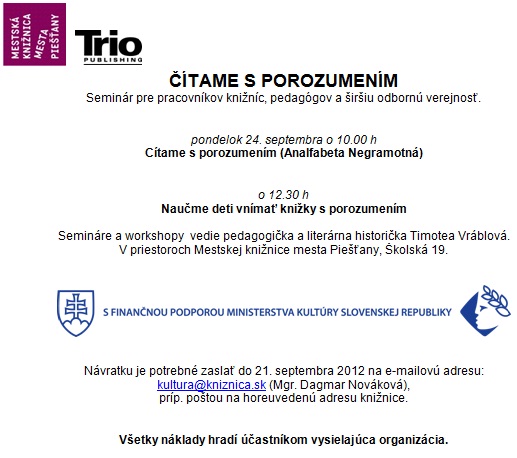 Pozvánka do Mestskej knižnice mesta Piešťany na seminár, 24. 9. 2012 o 10.00 hod.