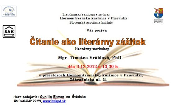 Pozvánka do hornonitrianskej knižnice v Prievidzi na literárny workshop, 3. 12. 2012 o 13.30 hod.