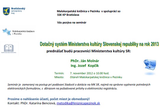 Pozvánka do Malokarpatskej knižnice v Pezinku na seminár, 7. 11. 2012 o 10.00 hod. 