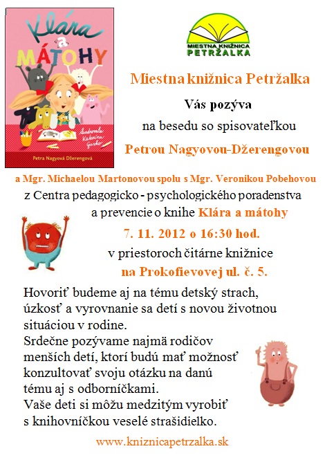 Pozvánka do Miestnej knižnice Petržalka na besedu so spisovateľkou, 7. 11. 2012 o 16.30 hod. 