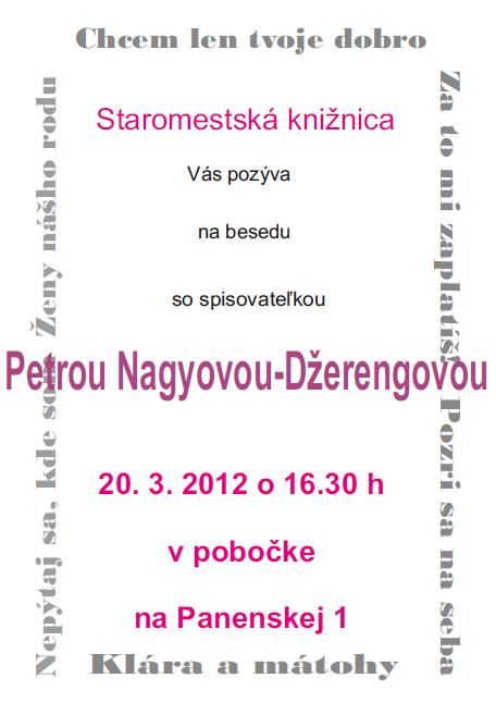 Pozvánka do Staromestskej knižnice v Bratislave na besedu so spisovateľkou, 20. 3. 2012 o 16.30 hod. 