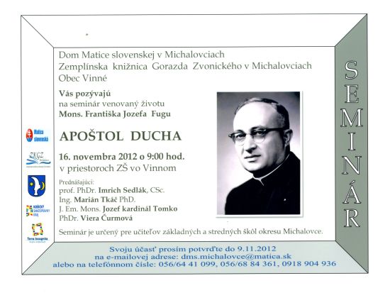 Pozvánka do Zemplínskej knižnice Gorazda Zvonického v Michalovciach na seminár, 16. 11. 2012 o 9.00 hod.
