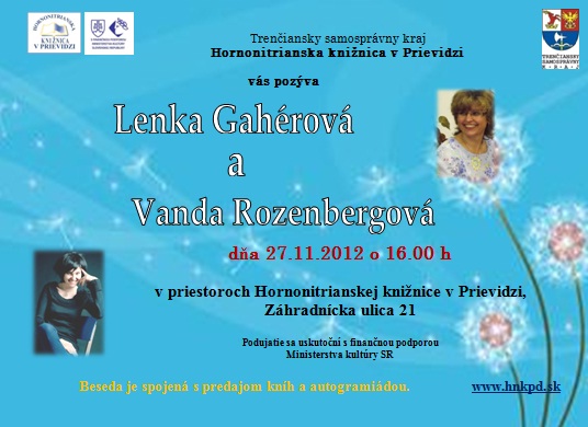 Pozvánka do Hornonitrianskej knižnice v Prievidzi na stretnutie so spisovateľkami, 27. 11. 2012 o 16.00 hod.