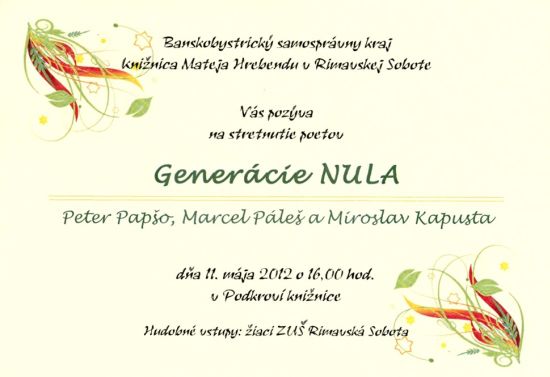 Stretnutie poetov v Knižnici Mateja Hrebendu v Rimavskej Sobote, 11. 5. 2012 o 16.00 hod.