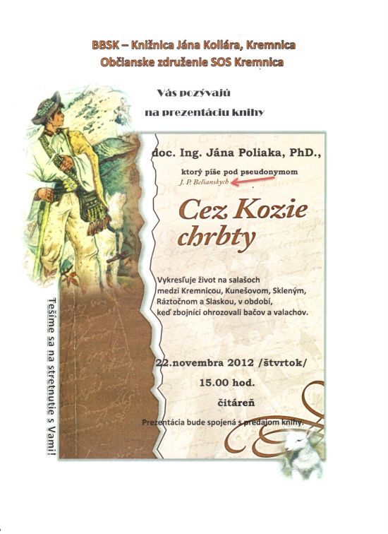 Pozvánka do Knižnice Jána Kollára v Kremnici na prezentáciu knihy spojenú s predajom, 22. 11. 2012 o 15.00 hod.