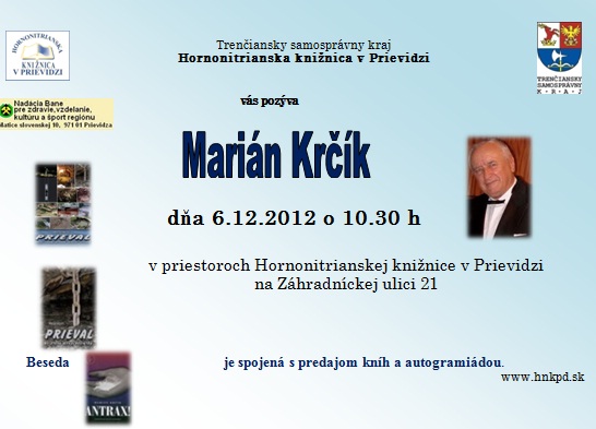 Pozvánka do Hornonitrianskej knižnice na autogramiádu Mariána Krčíka, 6. 12. 2012 o 10.30 hod.