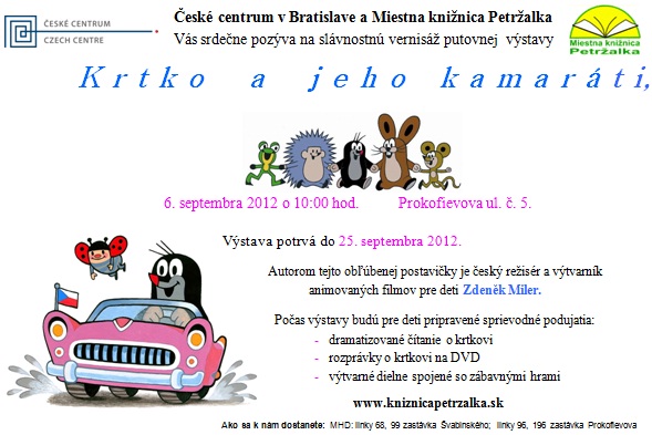 Pozvánka do Miestnej knižnice Petržalka na vernisáž putovnej výstavy, 6. 9. 2012 o 10.00 hod. Výstava potrvá do 25. 9. 2012.