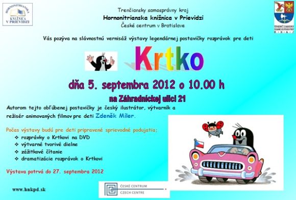 Krtko v Hornonitrianskej knižnici, 5. 9. 2012 o 10.00 hod.Výstava potrvá do 27. 9. 2012.