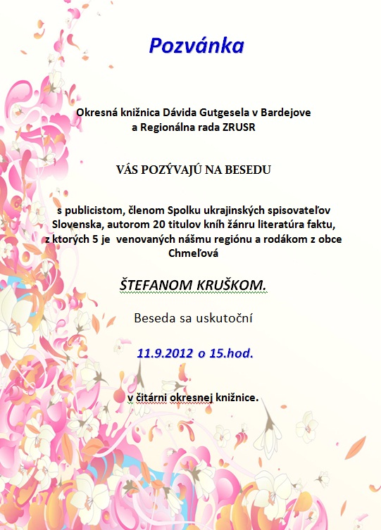 Pozvánka do Okresnej knižnice Dávida gutgesela na besedu s publicistom Štefanom Kruškom, 11. 9. 2012 o 15.00 hod. 