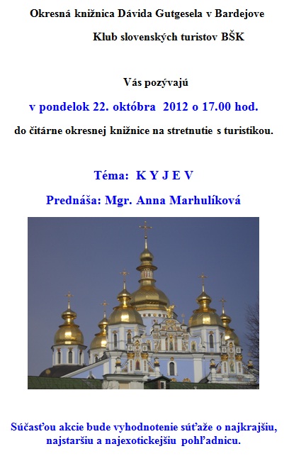 Pozvánka do Okresnej knižnice Dávida Gutgesela v Bardejove na večer s turistikou, 22. 10. 2012 o 17.00 hod.