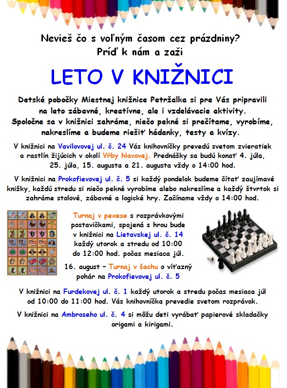 Miestna knižnica v Petržalke ponúka deťom zábavné, kreatívne a vzdelávacie aktivity počas letných prázdnin. Prídite, neoľutujete!